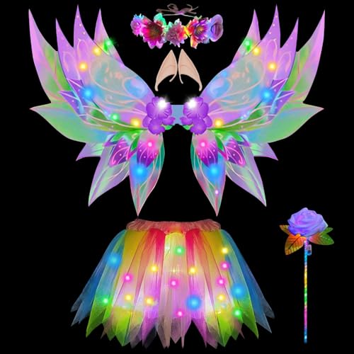 KUWUNG Disfraz Halloween Niña, Luminosa Disfraz Niñas, Disfraz Hada Niña con Tutú LED, Corona Flores, Varita Mágica, Orejas Elfo, Mariposa Alas, Disfraz Niñas para Umpleaños Halloween Carnaval Cosplay