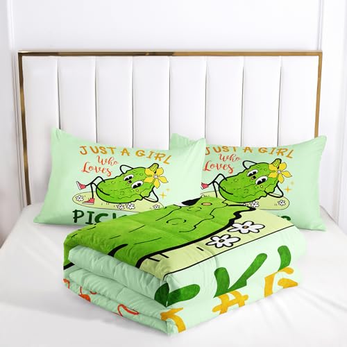Image of AILONEN Pickle Comforter Set Twin Size, Cartoon Vegetable Printed Bedding Set,Just A Girl Who Loves Pickles Comforter Sets for Girls Kids,Cute Cucumber Pattern Duvet Set 3Pc,1 Quilt and 2 Pillowcases