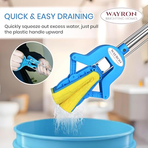 Image of Wayron Heavy Duty Stainless Steel Sponge Mop | Super Absorbent PVA Butterfly Floor Cleaning Mop | Durable Roller Squeeze for Home, Kitchen & Bathroom