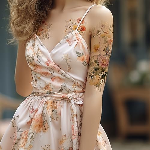Everjoy Flower Temporary Tattoo Sleeve Sheets, 12 Large Watercolor Floral Tattoo Stickers - Image 3