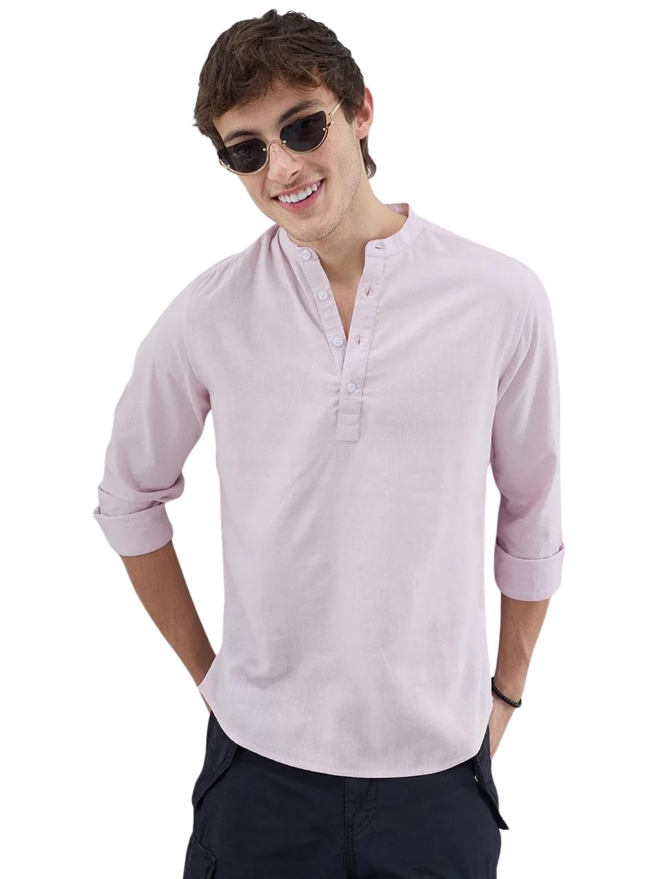 VASTRADO Baby Pink Slub Textured Linen Kurta MK8506A