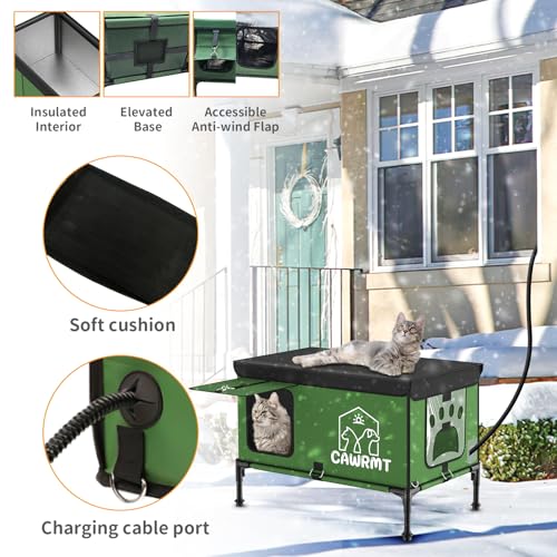 Image of Unbreakable Heated Cat House for Outdoor Cat in Winter, Waterproof & Windproof, Insulated Feral Cat Shelter Kitty Bed with Safety Pet Heating Pad for Outside Stray Cat (Green, 9.2''x17.7''x14.5'')