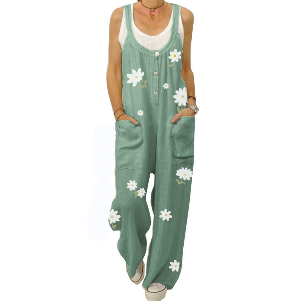 Treer Women's Green Daisy Dungarees Loose Casual Summer Playsuits Jumpsuit, Cotton Playsuit For Romper Sleeveless Pocket Overalls Suspender Playsuit Trousers S-2Xl (,5Xl)