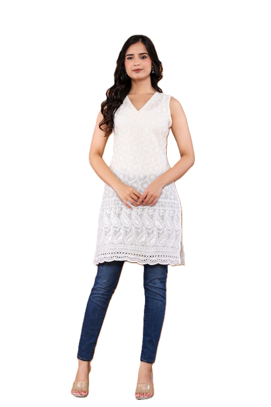 Women's White Cotton Chikankari Embroidered Sleeveless A-Line Midi Dress with Shirt Collar-image-17