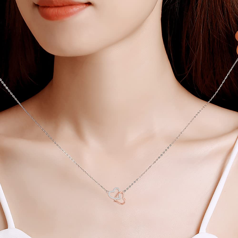 Collar de las Señoras de Plata Esterlina 925 Corazones Entrelazados Collar de las Señoras Colgante Para las Niñas las Mujeres con Caja de Joyería (plata y oro rosa)