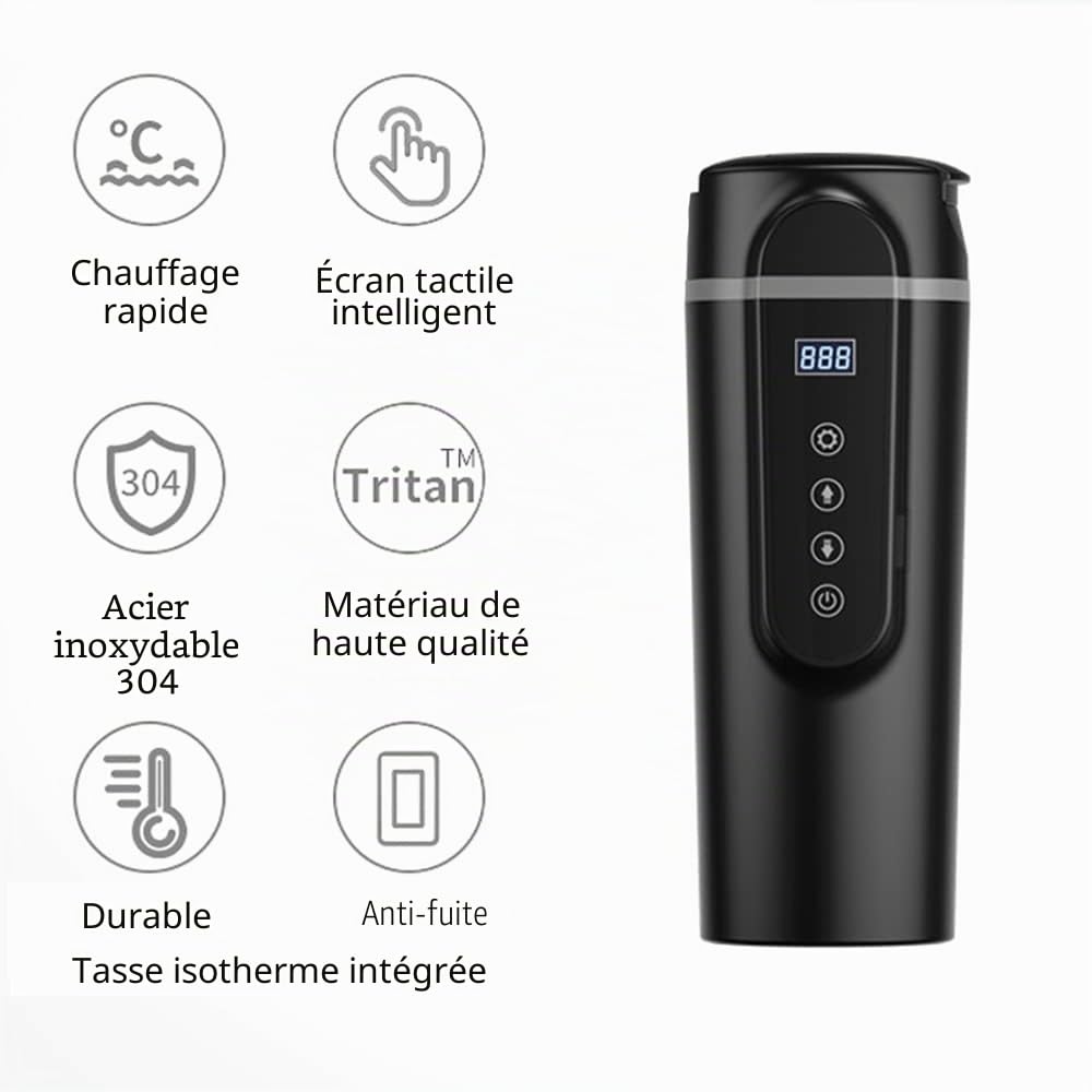 Baceyong 12/24V 420ml Tasse de voyage chauffante électrique automatique en acier inoxydable, tasse de voyage de thé de café d'eau chaude