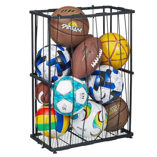 Garage Ball Storage Wall-Mounted & Floor Sports Equipment Organizer: Sports Ball Rack with Elastic Rope, Holder for Basketball, Soccer, Volleyball, Football, Garage, Gym, Black(Patent Pending)