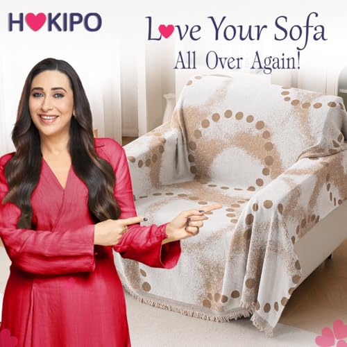 Image of HOKIPO 320 GSM Chenille Sofa Throw Blanket for 1 Seater Sofa - Printed All-Season Sofa Cover, 'Serene Abode Series' Latte Dotted Wave (180x180 cm) (AR-6631-D3)