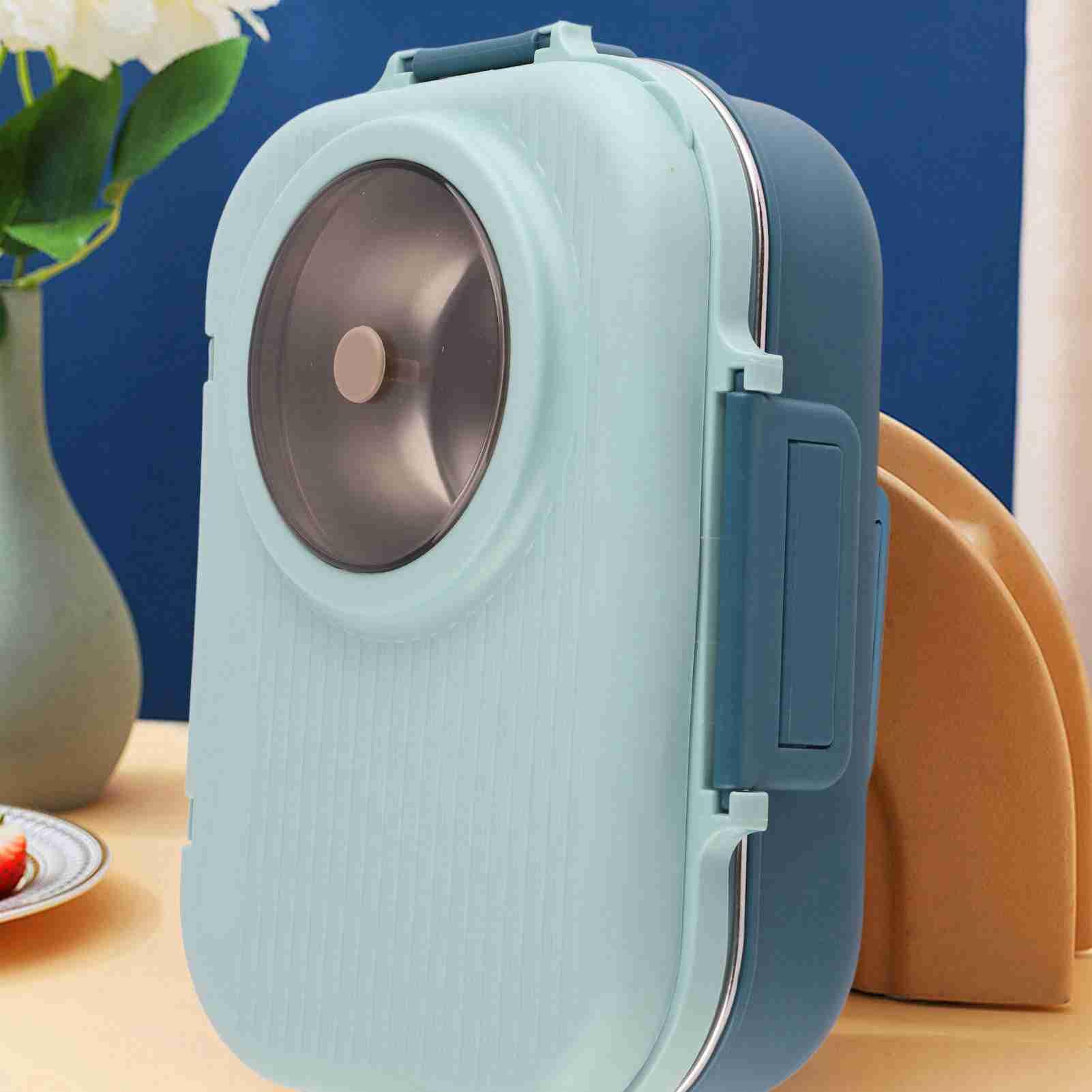 Boîte à Déjeuner, Boîte à Déjeuner Thermique en Acier Inoxydable 304 avec Cuillère, Baguettes et Bol à Soupe Double Couche 3 Compartiments de Stockage des Aliments, (BLUE)