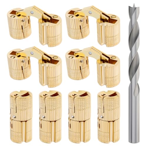 8Pcs 12 mm Hidden Brass Barrel Hinges with Drill Bit for Wooden Box,Gold