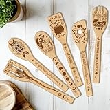 CUTHOLLOW 6PCS Magic Witch Wooden Kitchen Cooking Utensil Set, 11.9in Non Toxic Bamboo Wood Spoon Set for Cooking, Best Housewarming Halloween Decor Gift for Women Mother