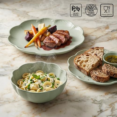 Image of Sango 12 Pieces Scalloped Dinnerware Set, Sage Green Dishes for 4, Premium Serving Plates & Bowls Sets, Chip Resistant, Ceramic Dishware, Kitchen Dish, Microwave & Dishwasher Safe, Bethany