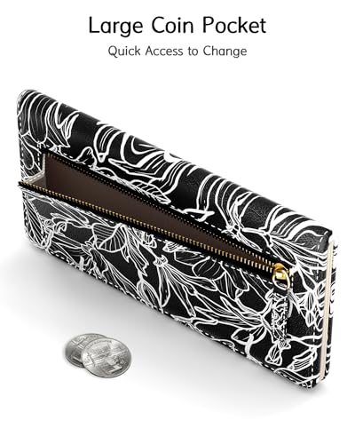 Image of Nipichsha Womens Wallet, RFID Slim Wallets for Women, Thin Ladies Credit Card Holder Purse, Cute Leather Bifold Clutch Billfold with 11 Card Slots & ID Window, Black White Leaf