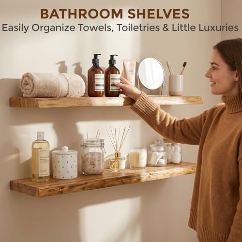 Image of Dreamland 36 Inch Long Floating Shelves Set of 2, Rustic Solid Elm Wood Live Edge Floating Shelf Wall Mounted, 8 Inch Deep Wooden Wall Shelves for Living Room, Bedroom, Bathroom, Kitchen, Natural