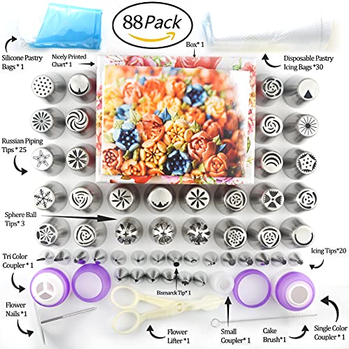 Gemlon Russian Piping Tips Cake Decorating Supplies - 88 Baking Supplies Set - 49 Icing Piping Tips - 3 Russian Ball Piping Tip, Flower Frosting Tips, Bakes Flower Nozzles-Large Cupcake Decorating Kit #TOP4