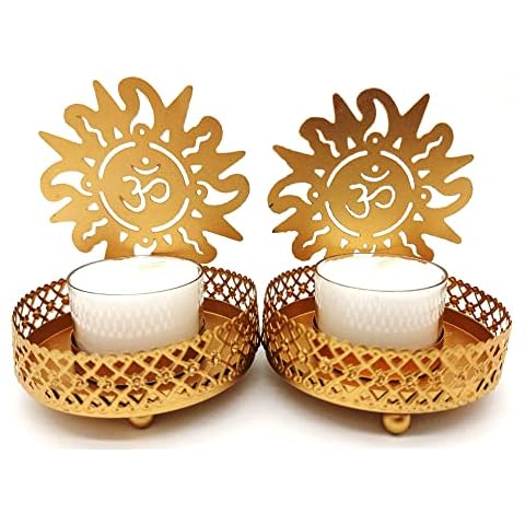 Juego de 2 velas de té tradicionales Diya, portavelas de metal, símbolo Om Aum Cover
