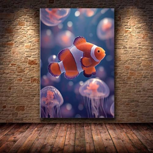 Impression sur toile poisson clown violet CUDAOO cadre 60x90cm