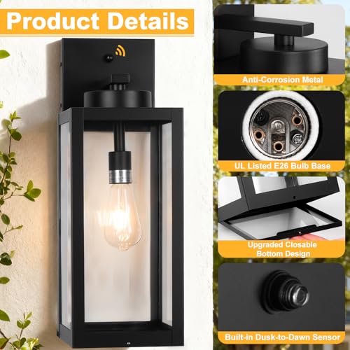 Image of 20 inch Black Dusk to Dawn Outdoor Wall Lantern with Closed Bottom, Coach Light | Large Outdoor Wall Light Fixtures, Waterproof Modern Outside Sconce Lights with Clear Tempered Glass for House, E26, 1-Pack