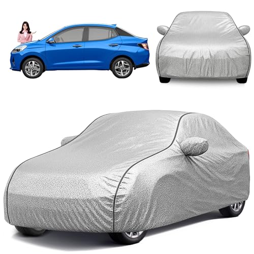 Image of Avecrew 100% Waterproof Car Cover for Hyundai Aura All Model Mirror & Antenna Pocket Triple Stitched, Dustproof Full Body Protection (Heat & UV Resistant,Silver)