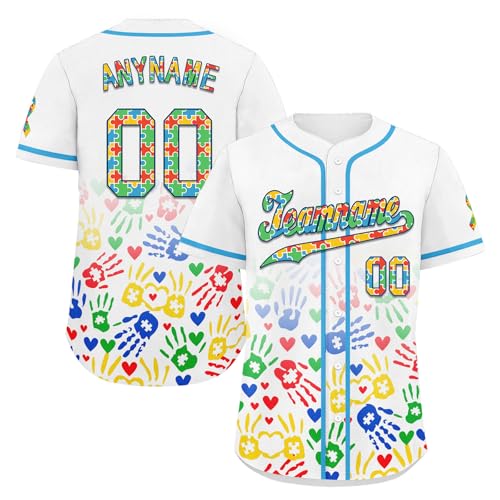 Camiseta de béisbol personalizada con conciencia sobre el autismo para adultos y jóvenes, diseño de piezas de rompecabezas, camisa de equipo de sóftbol con botones miniatura 1