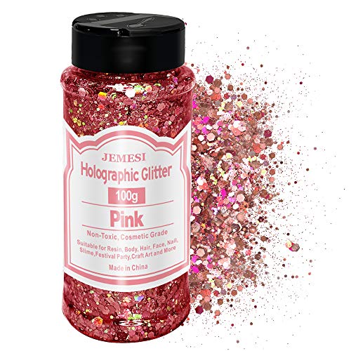 JEMESI 100g Brillo Corporal, Purpurinas Polvo, Chunky Glitter Flakes Paillette Brillante Decoración para Cara Maquillaje Pelo Arte Corporal Uñas y Mejilla - Rosa