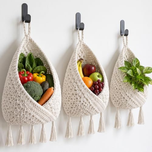 Image of Honeydak 3 Hanging Baskets, White, Triangular Tassel, Jute