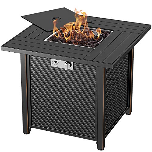 BLUBERY 30\'\' Propane Fire Pit, 50,000BTU Auto-Ignition with Pulse Switch Gas Fire Pit with Cover, Safety Switch, Solid Striped Steel Surface, Laval Rock, Waterproof Bag, ETL CERT