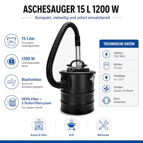 Sellnet Aschesauger 15L 1200W mit Blasfunktion & DUAL Filtersystem, Kaminsauger mit HEPA Filter, Staubsauger für Kamin… – Ansicht 4