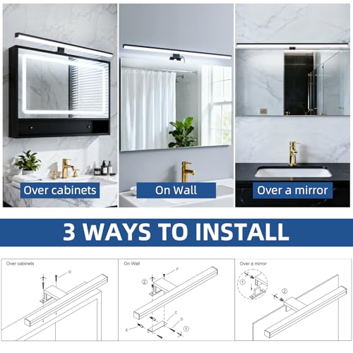 Image of 28 inch Plug in Bathroom Light Fixtures Matte Black Vanity Lights,11W LED Picture Light 3 Installation Methods 6600K White-Light Vanity Light Bar Wall Sconce for Bedroom /Living Room /Kitchen