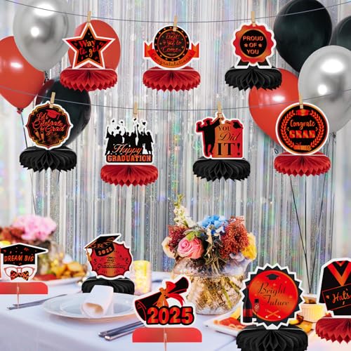Image of 12PCS Graduation Decorations Class of 2025, Congrats Grad Table Centerpieces Graduation Honeycomb Centerpieces Grad Party Centerpieces 2025 Graduation Decorations for Party, Red