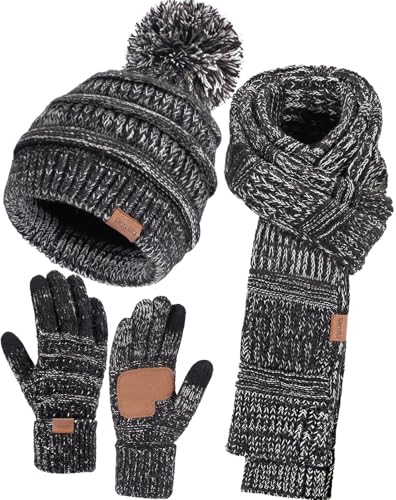 Remifa Winter Beanie Hat Scarf Gloves Set for Women, Slouchy Pom Pom Hat Long Knit Scarf Touchscreen Gloves Christmas Gifts - Main Image
