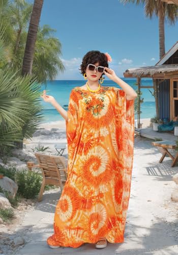 PROCOS Kaftan Dresses for Women Cover-Up Maxi Beach Floral Printed Dress with Necklace Earrings Eyeglasses Halloween Costume3