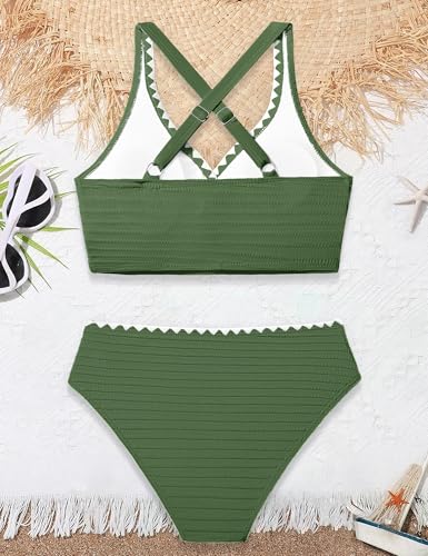 Image of Oranchids Girls Swimsuit Solid Color Textured Bikini Set Contrast Trim Bathing Suit 2 Piece Swimwear Adjustable Straps 9-16T