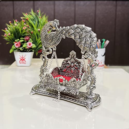 Image of KridayKraft Metal Laddu Gopal Jhulla For Janmastmi Festive Silver Plated Polish Decorative Metal Palna For Krishna Ji, Temple Office,Gift Article, 20 cm , 23 cm