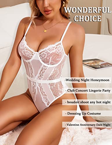 Avidlove Lingerie feminina body de renda Teddy Snap Virilha com aro Babydoll, Branco, M