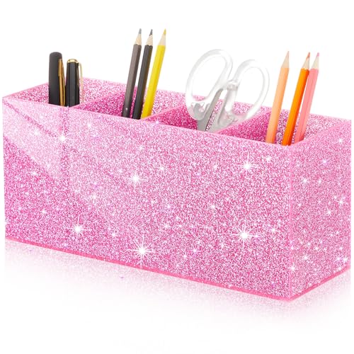 Image of Jetec Acrylic Glitter Pink Pen Holder 4 Compartments Bling Makeup Brush Stationery Organizer Pencil Holder for Desk Accessories Sparkly Gifts for Women Back to School Birthday Desktop Workplace Office