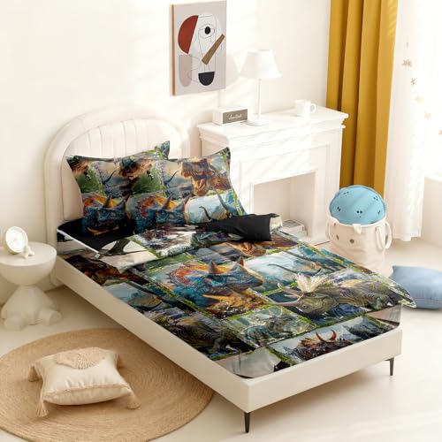 Image of Kids Comforter Set,Zipper Bedding Twin for Boys,3D Dinosaur Printed Comforter Set with Dinosaur Fitted Sheets and Pillowcases for All Season(3D Dinosaurs)