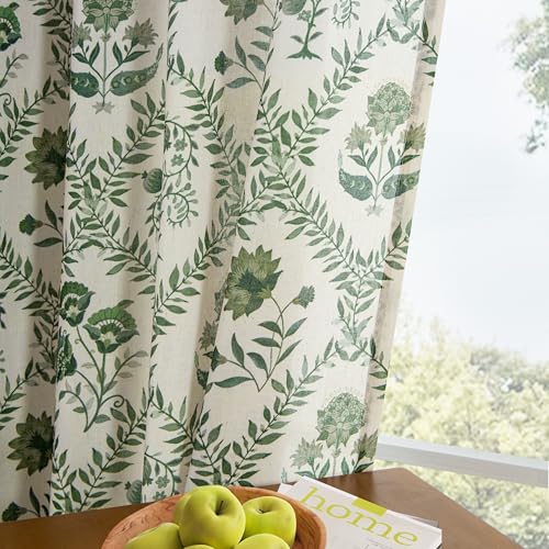 Image of Green Floral Linen Curtains 72 Inch Length 2 Panels Set Patterned Curtains