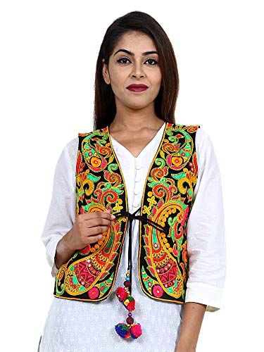 Image of Craft Trade Women's Cotton Embroidered Kutchi Jacket with Tassels Sleeveless Mirror Work