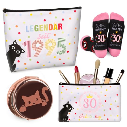 TUZELIYA 2025 Lot de 3 cadeaux originaux pour 30e anniversaire pour femme avec trousse de maquillage, chaussettes et miroir de poche, cadeau d'anniversaire pour femme, cadeaux amusants pour femme en