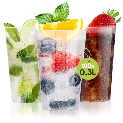 Trinklicht 100 Mehrwegbecher 0 3 L | Bruchsichere Plastikbecher Transparent | Spülmaschinenfest & Flexibler Kunststoff | Robuste Trinkbecher für Kaltgetränke | ideale Partybecher für Gastro & Events