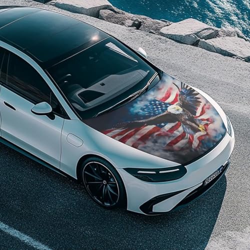 Image of Renewold Stylish American Flag Eagle Print Car Hood Cover Protector Hood Covers for Cars Decorative Wrap Blanket Women Men Automotive Exterior Accessories for Most Sedan Small SUV Truck