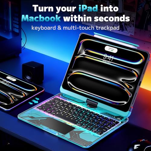 Image of Clear Keyboard Case for iPad 10.2 inch 9th /8th /7th (2021 /2020 /2019) 360 Swivel Multi-Touch Trackpad,with Wireless Bluetooth 3-Brightness &7-Color Backlit, Pencil Holder Blue