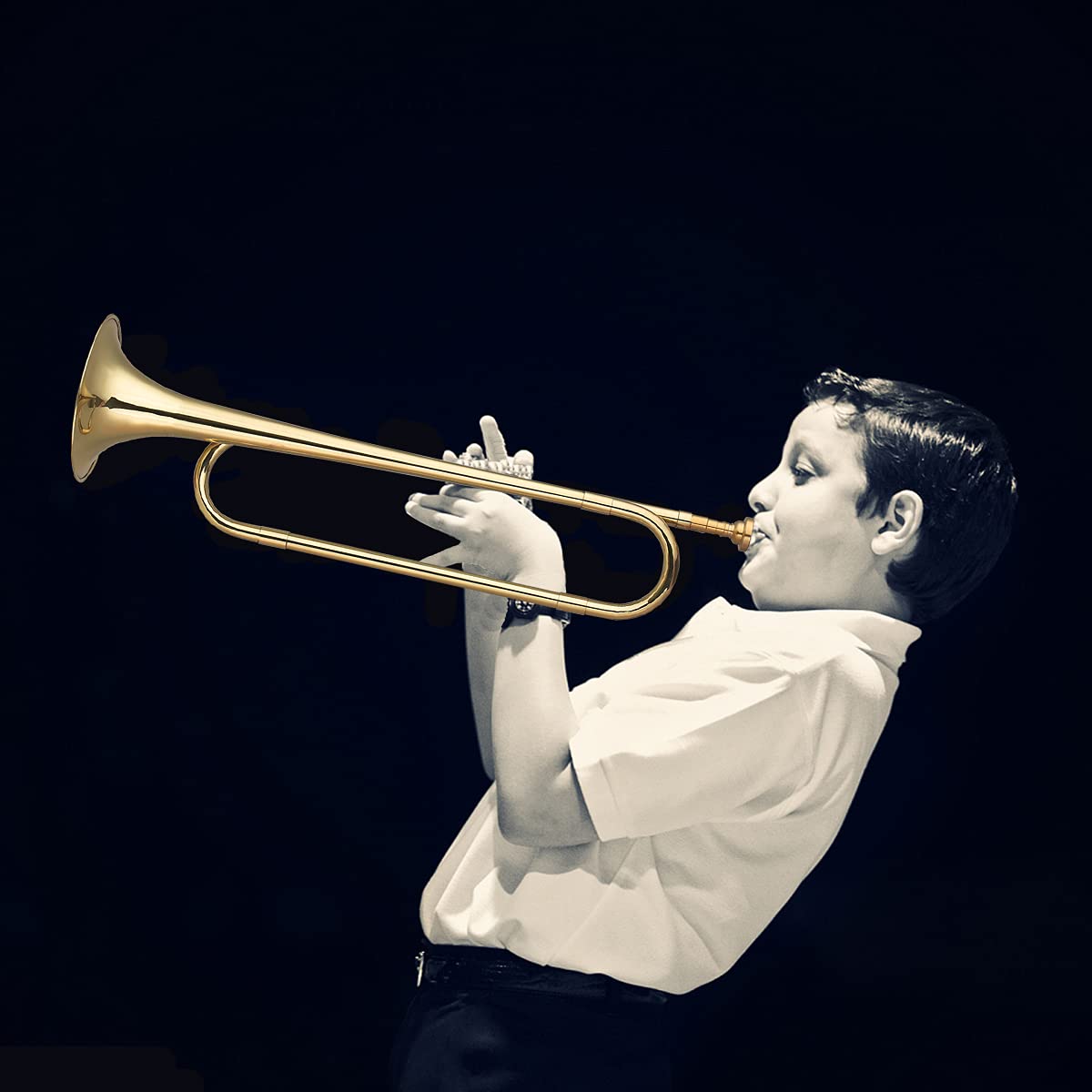 Llamada de Corneta en Forma de C de latón chapada en Oro, Instrumento Musical de caballería con Boquilla para Principiantes, Banda Escolar, Orquesta Militar (18,7 Pulgadas)