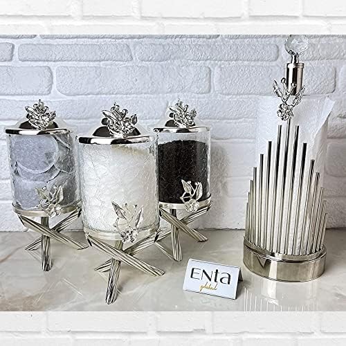 Silver Unique Glass Canister Set For Kitchen, Paper Towel Holder, Tea Sugar Coffee Canister, Cookie & Candy Jar… (Full Set)