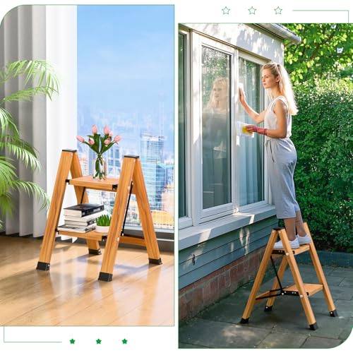 OTOmitra Klapptritt 2 Stufen Aluminium Leiter, rutschfeste Haushaltsleiter, Tragbare Multifunktionsleiter mit Holzmaserung Design, Belastbar bis 150 kg für Küche, Bad und Camping