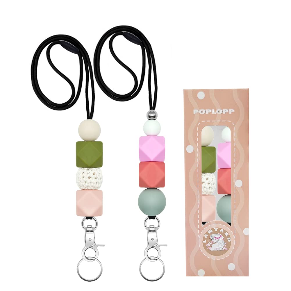 POPLOPP 2PCS Cute Lanyards for Id Badges and Keys for Women Teacher，Silicone Beaded Breakaway Lanyard with Keychain for Nurse Students Employees Office worker