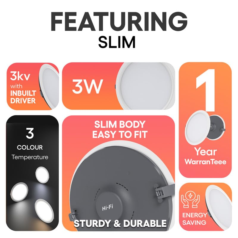 Image of Hi-Fi OLLO 3-watt Round LED Downlighter | LED Ceiling Light for Home and Hall | Cut Out: 68 mm, Color: Warm White Light, (3000K) Pack of 4-Polycarbonate