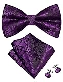 Gusleson Mens Paisley Bow Tie Pocket Square Set for Wedding Pre-Tied Silk Purple Bowties Handkerchief Cufflinks for Party (UK0497-30)