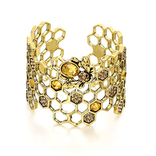 Flyonce Honey Bee Honeycomb Cuff Wide Bangle Bracelet for Women Golden Color